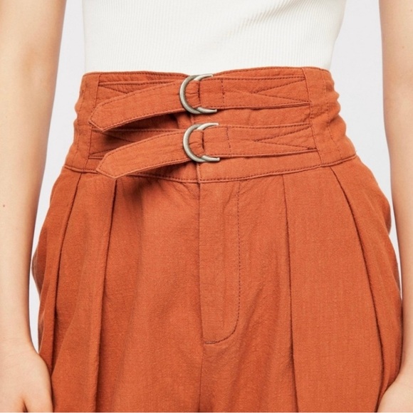 FREE PEOPLE Double Buckle Trouser WideLeg Tapered Orange Brown Pants - Picture 3 of 8